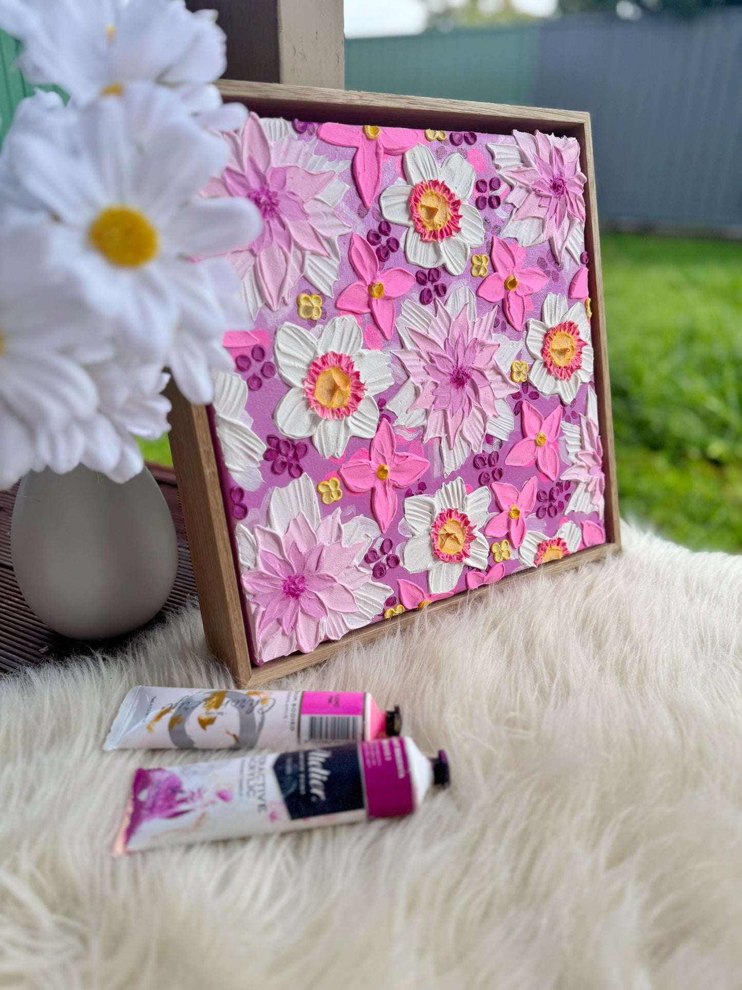 ‘Think Pink’ - Textured floral art on canvas