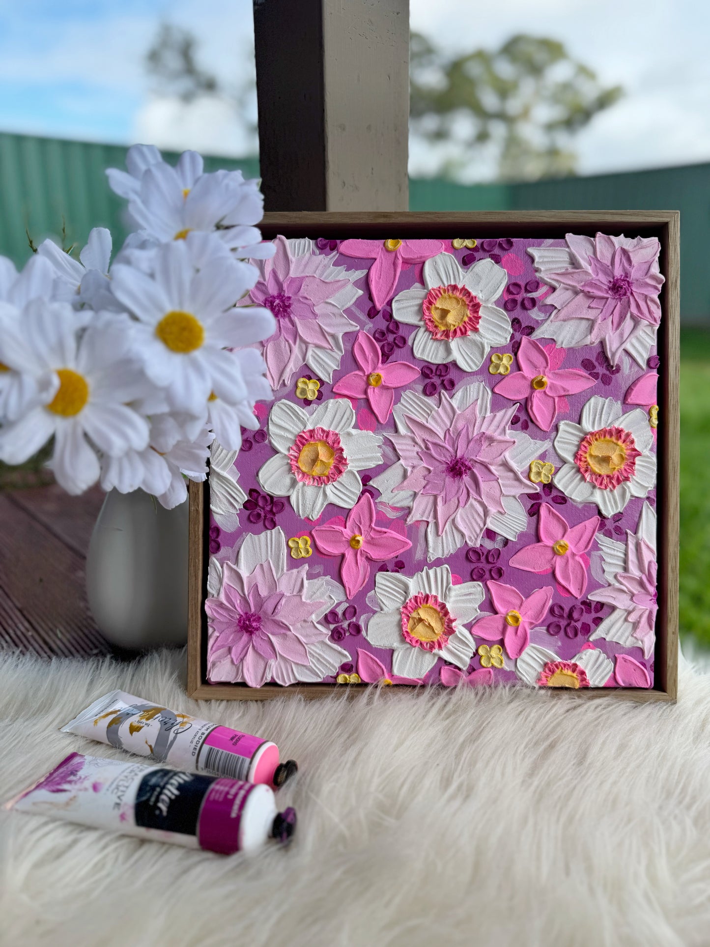 ‘Think Pink’ - Textured floral art on canvas