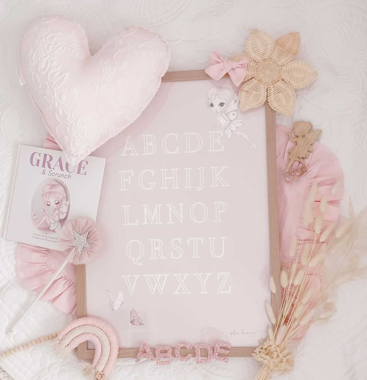 Grace the fairy butterfly, alphabet poster: available pink and grey - Isla Dream Prints