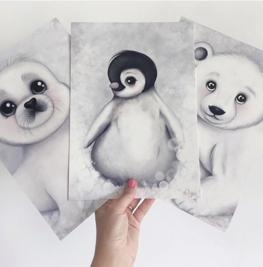 Romeo the baby penguin print: available in pink/grey - Isla Dream Prints