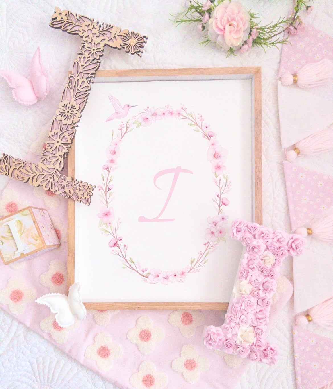 Flower Wreath Monogram Print - Pink & Blue